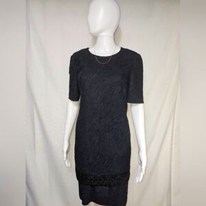 Vintage 80s Leslie Fay Black Crinkle Lace Trim Tiered Dress Petite 8